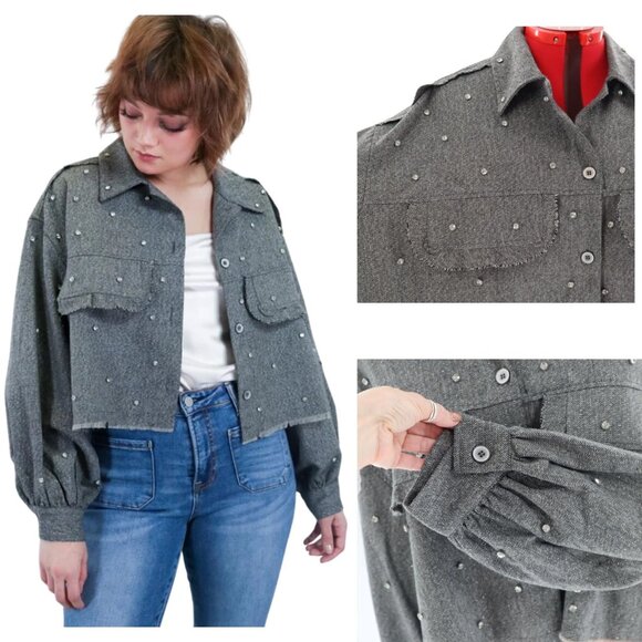 Vocal Embellished Shacket Womens Gray GLam Rock Contemporary Transitional NWT - Picture 1 of 11